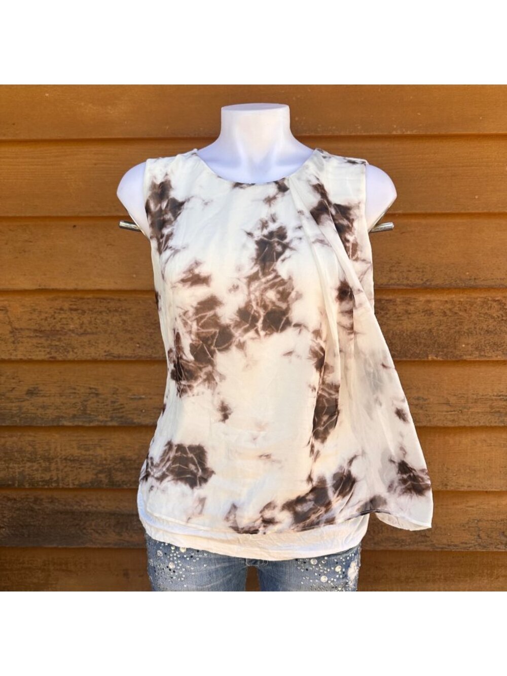 Calvin Klein Womens Sleeveless Tie-Dye Top Size M Brown & White Lightweight Flow